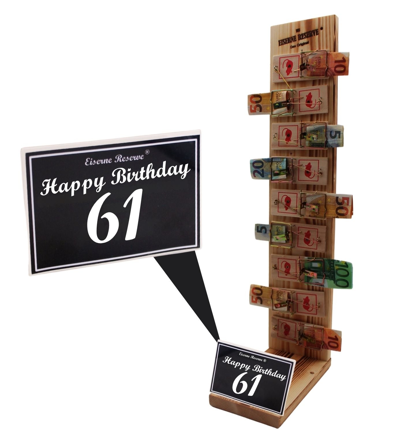 61 Happy Birthday - Eiserne Reserve Mausefalle Deluxe 9er Geldgeschenk 61. Geburtstag